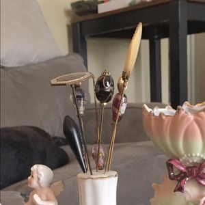 SOLD!!! Antique Hat Pins and Porcelain holder